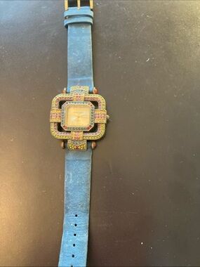 Multicolor Stone-Embellished Square Watch with Blue Strap